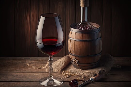 Elegant red wine glass with corks and corkscrew against a wooden background. Generative AI