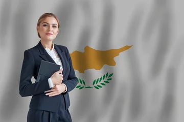 Gordijnen Cyprus businesswoman on the flag of Cyprus digital  nomad, business, startup concept © artmim