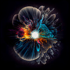 Abstract colorful explosion on a black background. Fantasy fractal texture. Digital art. Generative AI