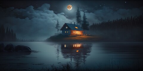 Fototapeta premium Cozy wooden cabin between the mountains at night by the lake and full moon. Generative AI