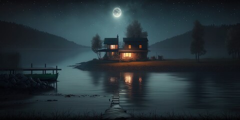 Cozy wooden cabin between the mountains at night by the lake and full moon. Generative AI