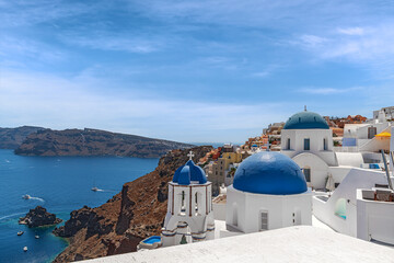 Fototapeta premium View of the blue domes in Oia. Santorini. Greece.