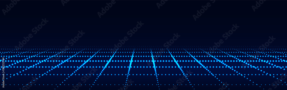 Poster dynamic flow of shine blue digital particles. perspective grid of glowing interlaced dots. network c