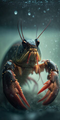 Cinematic Extreme Closeup Of Lobster  Looking Into Camera In Foggy Bokeh Light Generative Ai Digital Illustration Part#120323