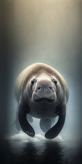 Cinematic Extreme Closeup Of  Manatees Looking Into Camera In Foggy Bokeh Light Generative Ai Digital Illustration Part#120323