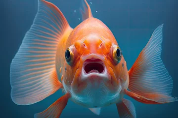 Fotobehang Portrait of a red fish with its mouth open on a blue background, Front view of goldfish in an aquarium, close up macro, Closeup of a shocked or shocked face. Generative AI © AkuAku