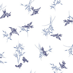 Japanese sparrow and bamboo seamless pattern,