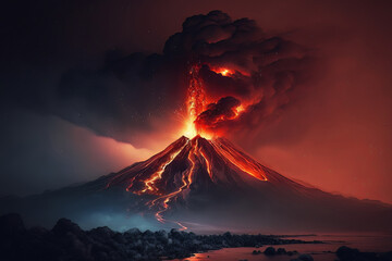 Explore the geological formation and environment of a volcanic eruption with this stunning photo of hot ash, magma, and volcanic gases in action. Generative AI