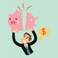 Businessman tearing and breaking piggy bank, Financial Crisis,illustration vector cartoon