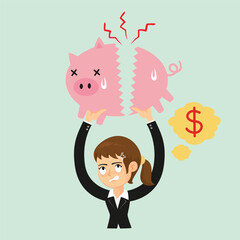 Businesswoman tearing and breaking piggy bank, Financial Crisis,illustration vector cartoon