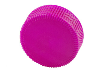 Plastic bottle caps of pink color isolated against a white background.