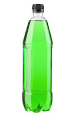 Energy drinks with different flavors isolated on white background. Plastic bottle with green liquid. File contains clipp