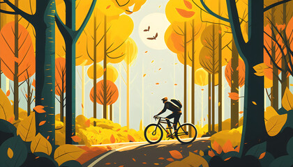 Pedaling through the Woods: Digital Art Style Illustration of a Man Cycling in an Autumn Forest Park, Generative AI