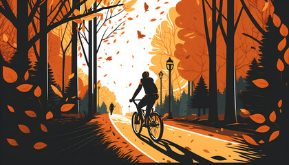 The Joy of Cycling: Vector Illustration of a Man Riding a Bike in the Sunny Morning of an Autumn Forest Park, Generative AI