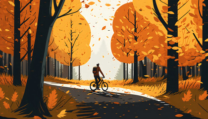 Cycling through the Golden Leaves: Man Riding a Bicycle in the Autumn Forest Park in Vector Art, Generative AI