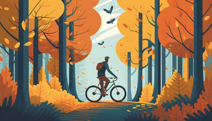 Vector Illustration of a Man Enjoying a Bike Ride in a Serene Autumn Forest Park, Generative AI