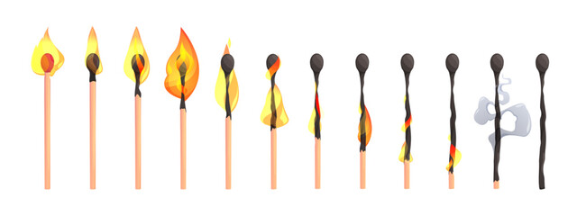 Burning match animation. Matchstick burnout stages, sequence steps of stick with sulfur combustion, cartoon animated kit. Vector isolated set. Bright flame or fire, flammable wooden sticks