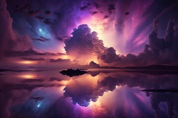 Sky with stars falling nebula purple lilac blue hazy seascape at sunset in the summer with stunning clouds. Generative AI