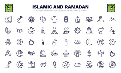 set of islamic and ramadan thin line icons. islamic and ramadan outline icons such as carpet, happy eid, qibla, dates, hamsa, candle, prayer, no washing yourself, compass vector.