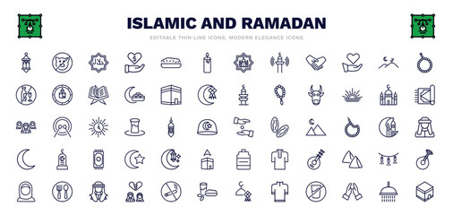 Fototapeta na wymiar set of islamic and ramadan thin line icons. islamic and ramadan outline icons such as lamp, halal, candle, desert, cow, alms, happy ramadan, arab, mecca vector.