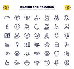 set of islamic and ramadan thin line icons. islamic and ramadan outline icons such as halva, greetings, muslimah, vigil, no smoking, rosary, iftar, faith in allah, oil lamp vector.