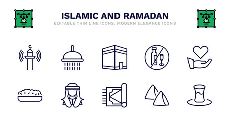 set of islamic and ramadan thin line icons. islamic and ramadan outline icons such as ghusl, kaaba, no alcohol, charity, halva, halva, arab, carpet, samosa, tea vector.