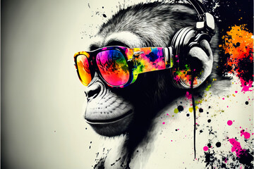 DJ monkey with headphones listening to music. Music graphite poster. Background, wallpaper. Printable artwork. Generative AI.