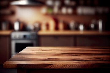 Wooden kitchen table with bokeh and room for copy. AI Generative Art.