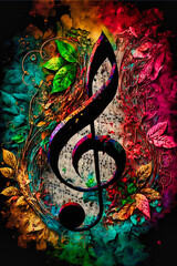 Music graphite poster, treble clef and notes. Background, wallpaper. Printable artwork. Generative AI.