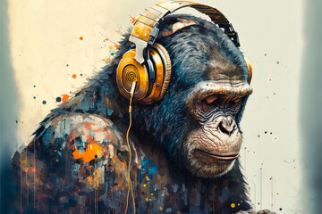 DJ monkey with headphones listening to music. Music graphite poster. Background, wallpaper. Printable artwork. Generative AI.