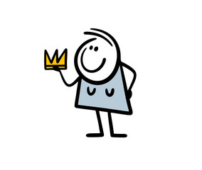Funny cute stick gigure female character holds a golden crown.