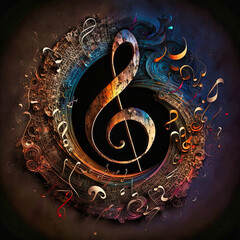 Music graphite poster, treble clef and notes. background, wallpaper. Printable artwork. Generative AI.