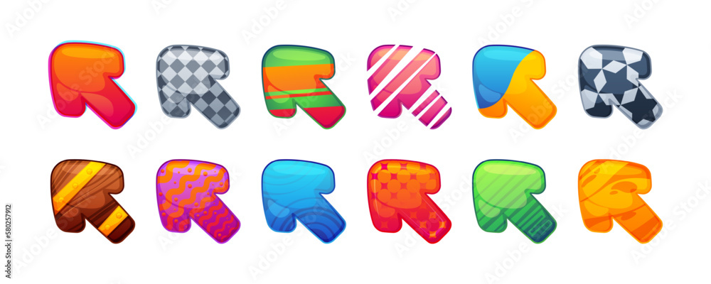Poster cartoon game cursors. cute gaming kit assets arrows different materials and shapes, decorative user 