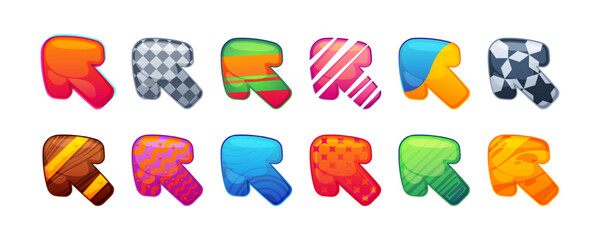 Cartoon game cursors. Cute gaming kit assets arrows different materials and shapes, decorative user interfaces elements flat style. Vector isolated set. Colorful pointers with various design