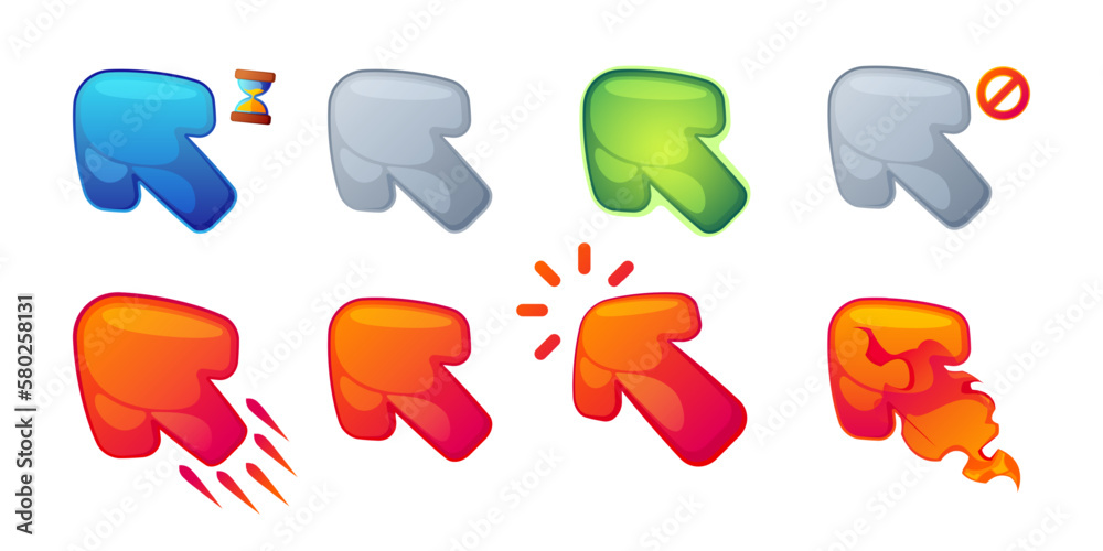 Poster game cursor click. cartoon arrow and pointer animation for user interface gaming asset, direction po