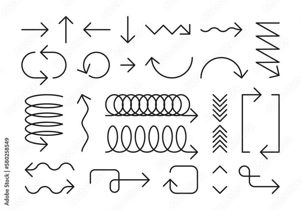 Poster line arrows. minimalist doodle geometric pointers different forms, simple thin linear spiral zigzag 
