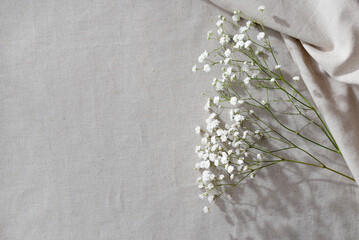 Minimalist natural textile beige background with gypsophila flowers, copy space