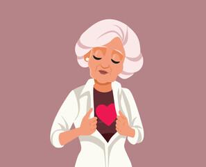 Nostalgic Elderly Woman Showing her Big Heart Vector Illustration. Widow feeling nostalgic and longing for lost love
