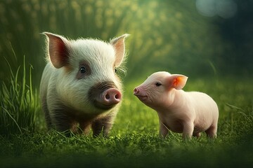 On the green grass, a young pig is walking. The piglet was happy in the meadow. Generative AI
