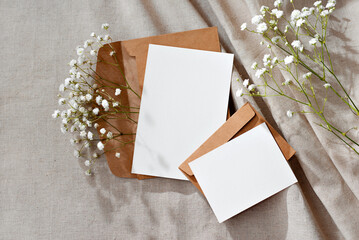 Aesthetic floral business brand template, blank paper cards and envelopes on neutral beige...