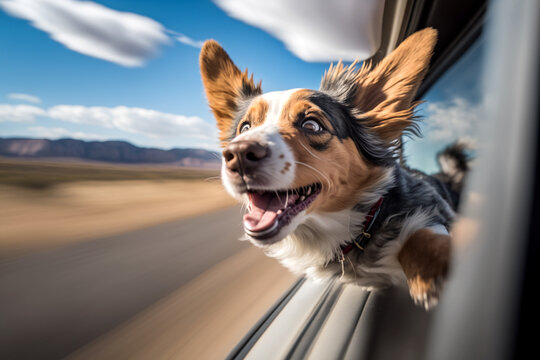 Hund schaut aus dem Fenster eines fahrenden Autos, generative AI