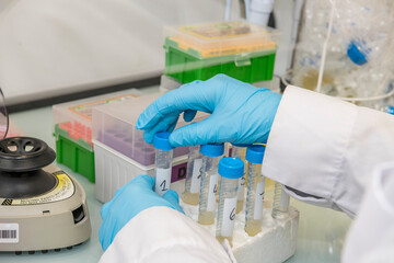 A part of an arm with labcoat and with blue nitril gloves manipulating plastic test tubes in a laboratory and other laboratory equimpent in the background such as a small centrifuge.