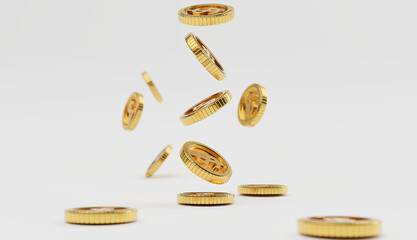 Isolation of US dollar golden coins dropping on white  floor background for investment and deposit saving concept by 3d render.