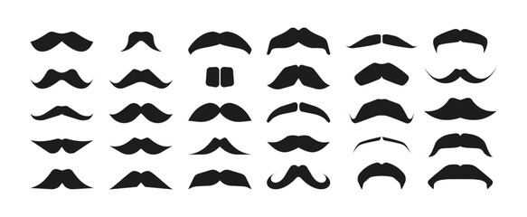 Black mustaches collection. Doodle male whisker icons, variations of mens facial hair styles different forms, simple barber silhouettes. Vector isolated set. Fashionable gentleman hipster elements