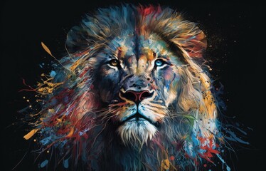 Animal Paint series. The brightly painted portrait of a lion in many different colors is about creativity, abstract art, and the power of the mind. Generative AI