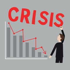 Sad business trader in hand writing showing Crisis, Financial Crisis, illustration vector cartoon