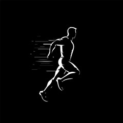 Fototapeta premium White icon of runner silhouette on black background, sport logo template, jogging modern logotype concept, t-shirts print, tattoo. Vector illustration