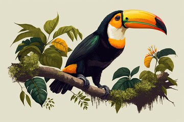 Toucan, a tropical, exotic bird from the rainforest, is sitting on a branch of a tree surrounded by greenery. It has a yellow orange beak that makes it easy to recognize. Generative AI - obrazy, fototapety, plakaty
