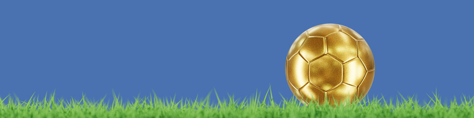 Gold soccer ball on Burred defocus green grass field soft blue banner background 3D rendering