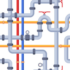 Pipeline pattern. Seamless print with water pipe details, drainage system elements, heating cooling tubes for decorative background. Vector texture. Plumbing construction with indicators